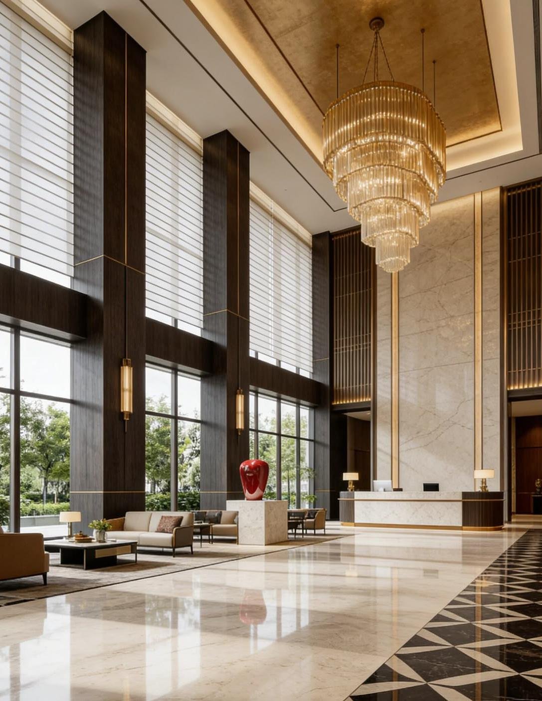 Luxury hotel lobby with chandelier