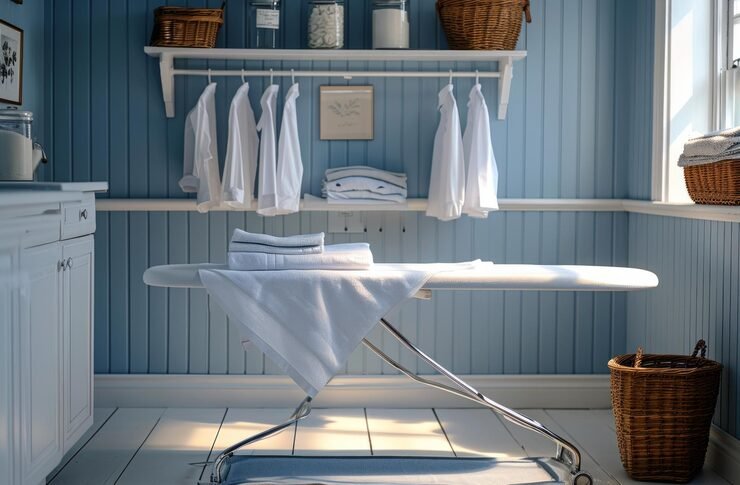 Ironing board with folded clothes